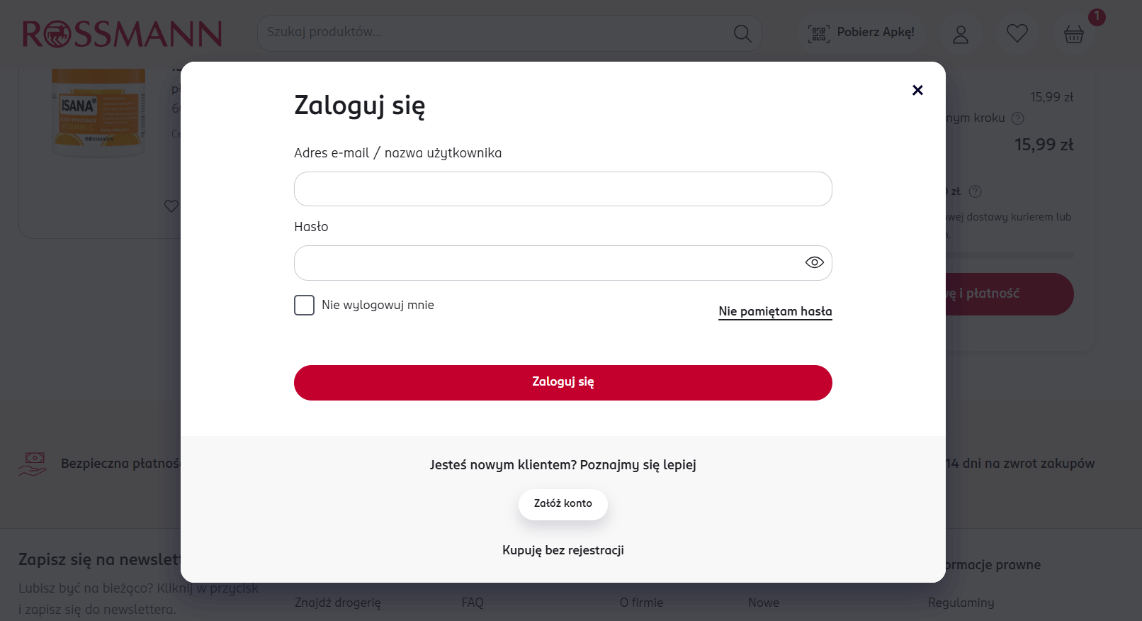 Formularz logowania i zakupów jako gość rossmann.pl