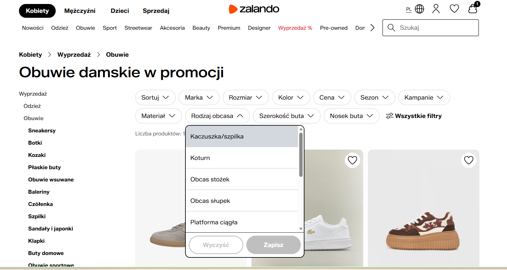 Kryteria wyświetlania filtrów w sklepie Zalando